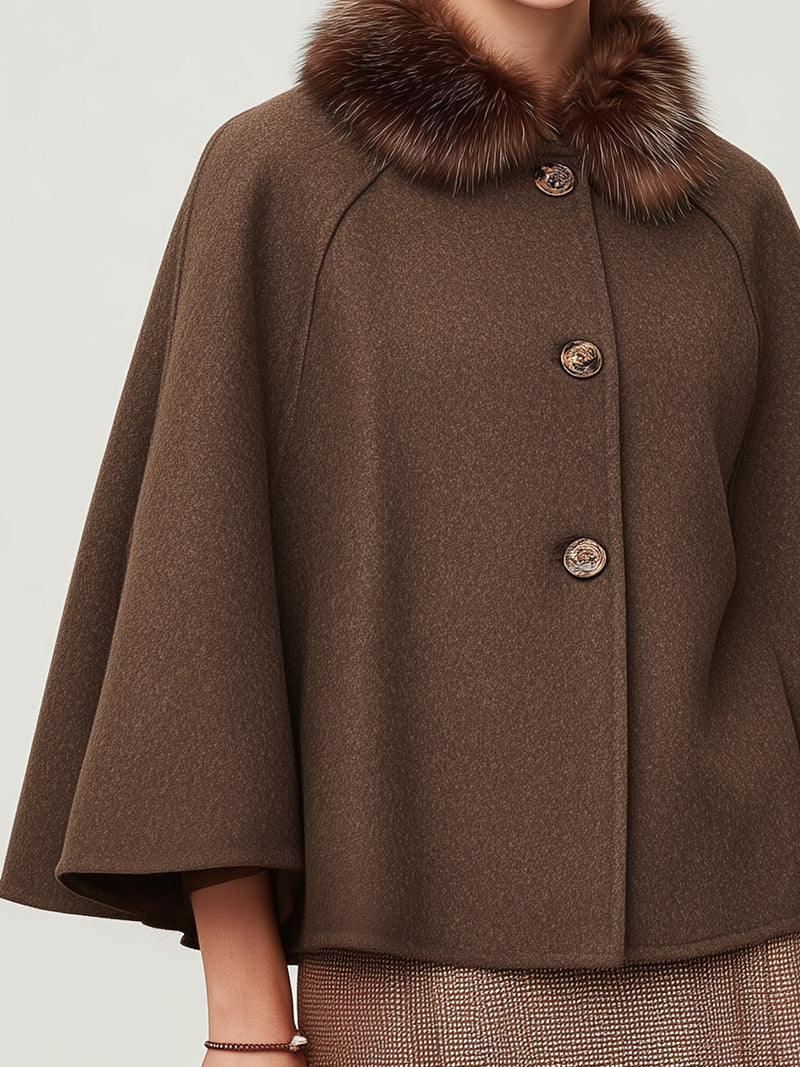 Wool Cape Coat With Fur Collar
