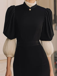 Vintage-Inspired Puff Sleeve Contrast Midi Dress