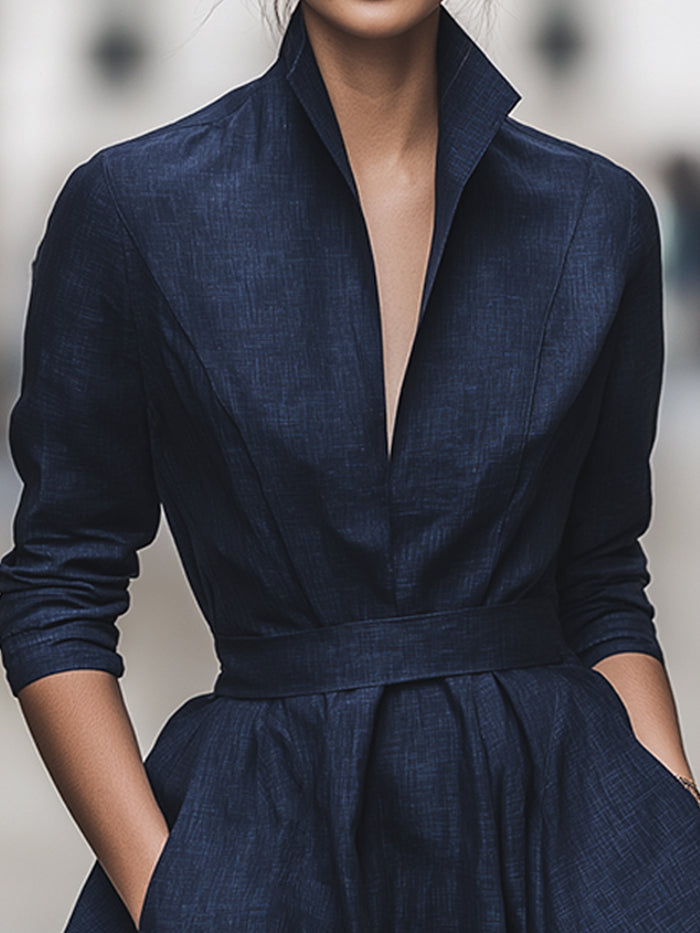 Navy Tailored Fit-and-Flare Dress With Structured Stand Collar