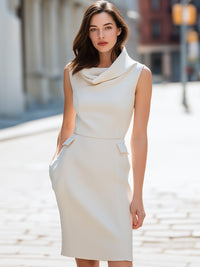 Ivory Draped-Neck Tailored Sleeveless Midi Dress