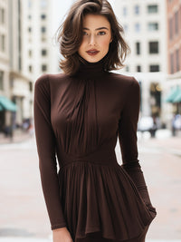 Chocolate Brown Pleated Peplum Top With High Neck