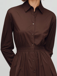 Classic Chocolate Brown Elastic-Waist Shirt Dress
