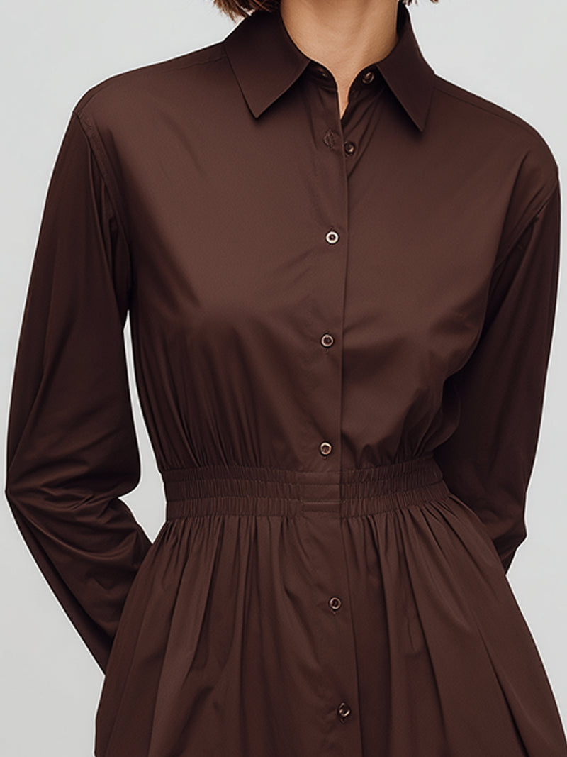 Classic Chocolate Brown Elastic-Waist Shirt Dress