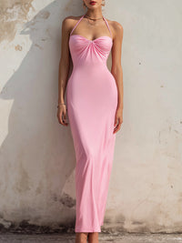 Women’s Halter Neck Ruched Bodycon Maxi Dress – Elegant Backless  Dress