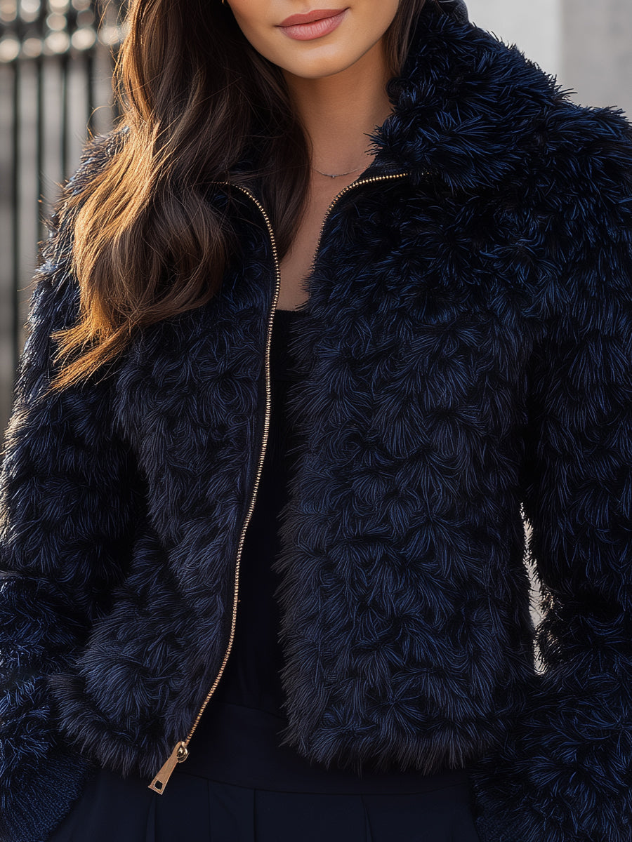 Textured Faux Fur Zip Jacket