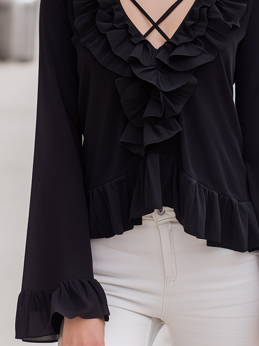 Black Ruffle Trim Crisscross V-Neck Blouse
