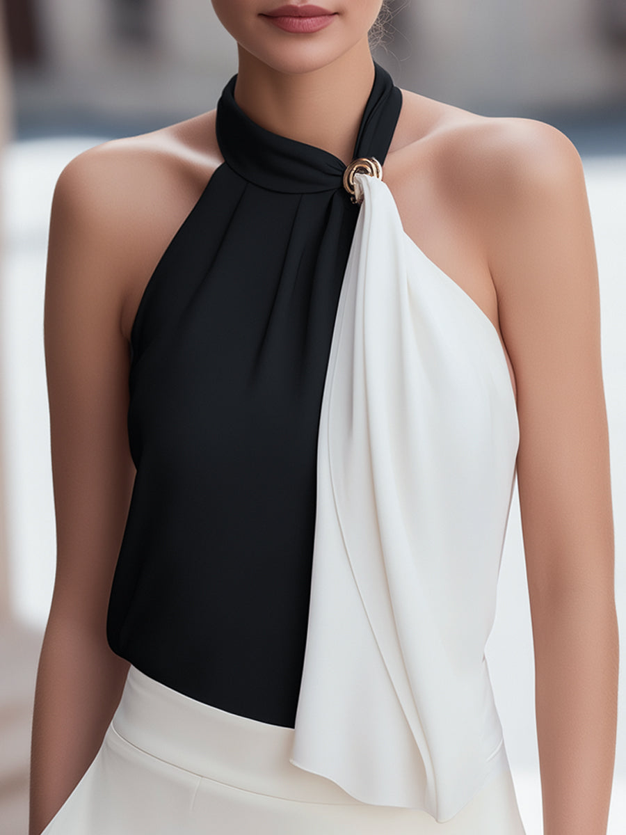Asymmetric Halter-Neck Colorblock Top