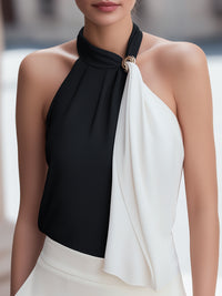 Asymmetric Halter-Neck Colorblock Top