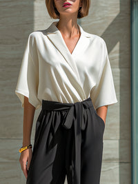 Draped Lapel Top & Tie-Waist Cropped Pants Set