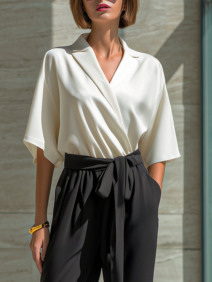 Draped Lapel Top & Tie-Waist Cropped Pants Set