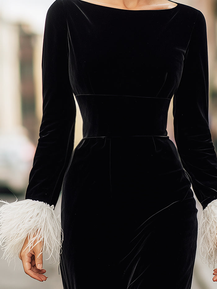 Black Velvet Feather-Trim Midi Dress