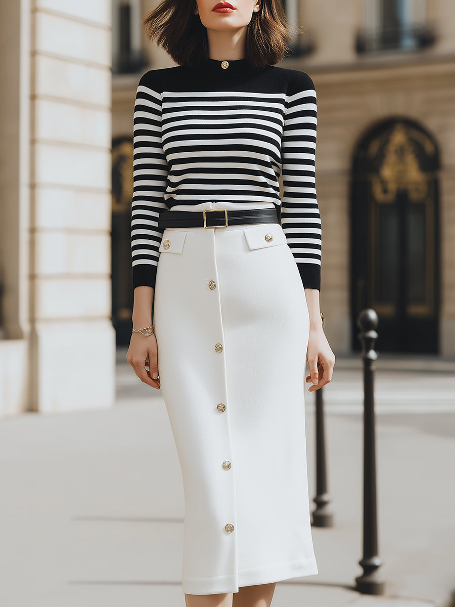 Striped Knit Top And White Buttoned Pencil Skirt Set