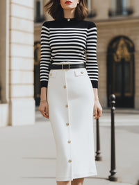 Striped Knit Top And White Buttoned Pencil Skirt Set