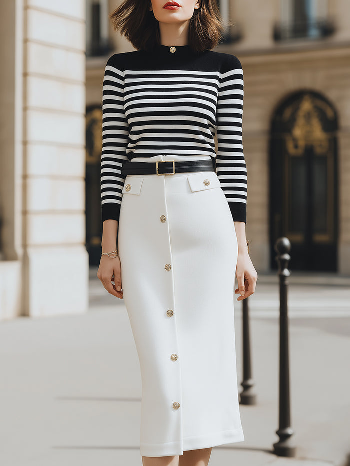 Striped Knit Top And White Buttoned Pencil Skirt Set