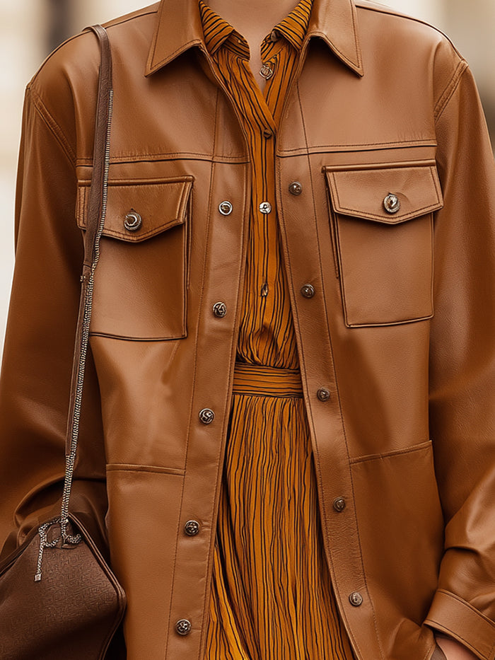 Faux Leather Utility Shirt Jacket