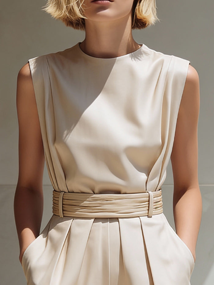 Belted Sleeveless Wide-Leg Tailored Jumpsuit