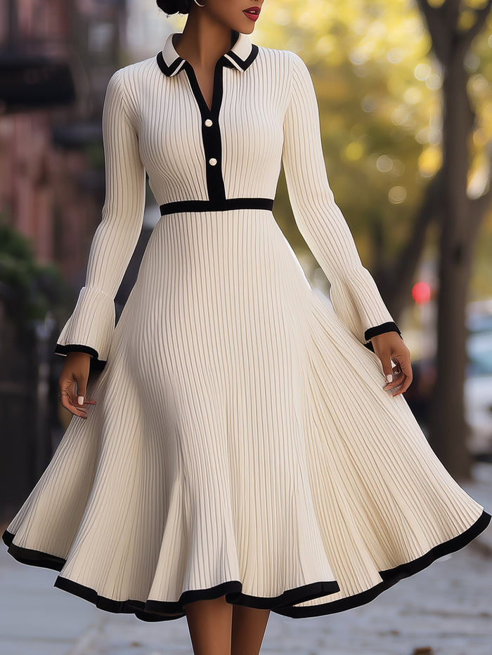 Pleated Knit A-Line Dress With Contrast Trim