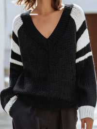 Contrast-Stripe Chunky Knit V-Neck Sweater