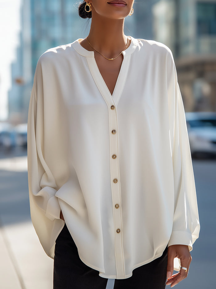 Relaxed V-Neck Button Front Blouse