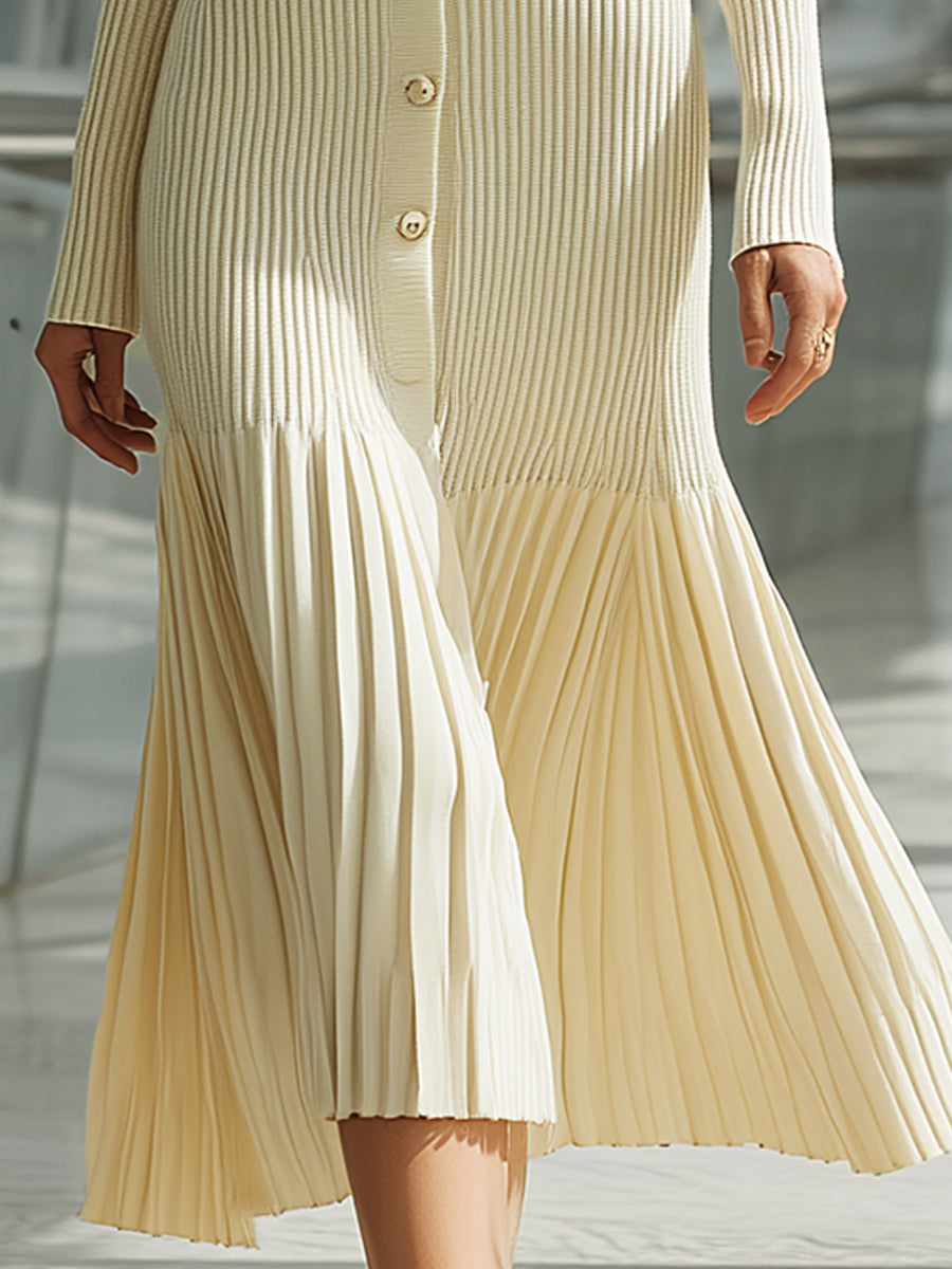 Cream Ribbed Knit Pleated Hem Midi Dress