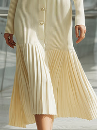 Cream Ribbed Knit Pleated Hem Midi Dress