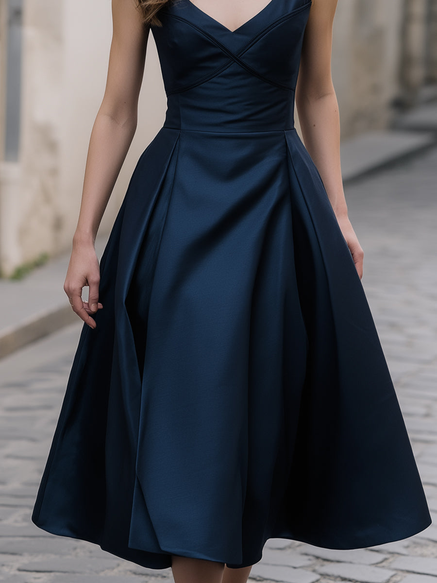 V-Neck Cross-Bodice Sculpted A-Line Midi Dress