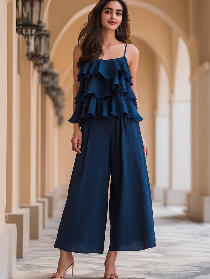 Layered Ruffled Camisole And Wide-Leg Pants Set