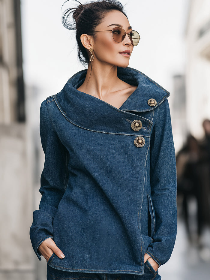 Asymmetric Denim Jacket With Statement Buttons