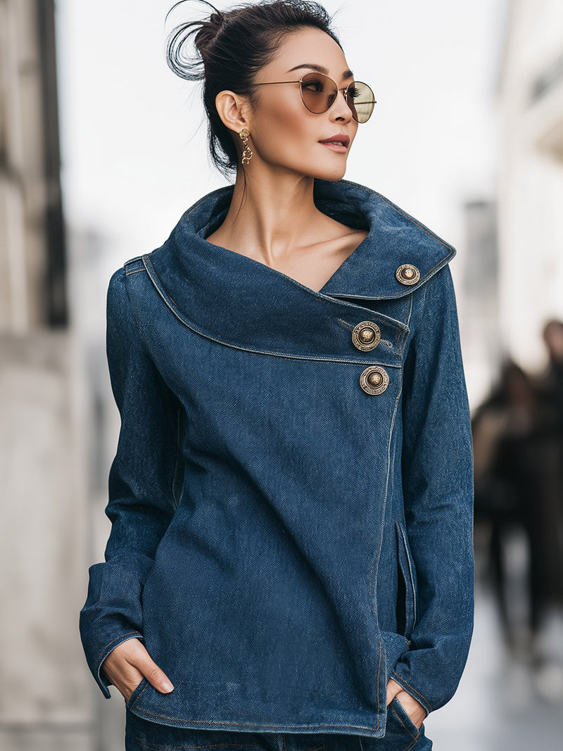 Asymmetric Denim Jacket With Statement Buttons