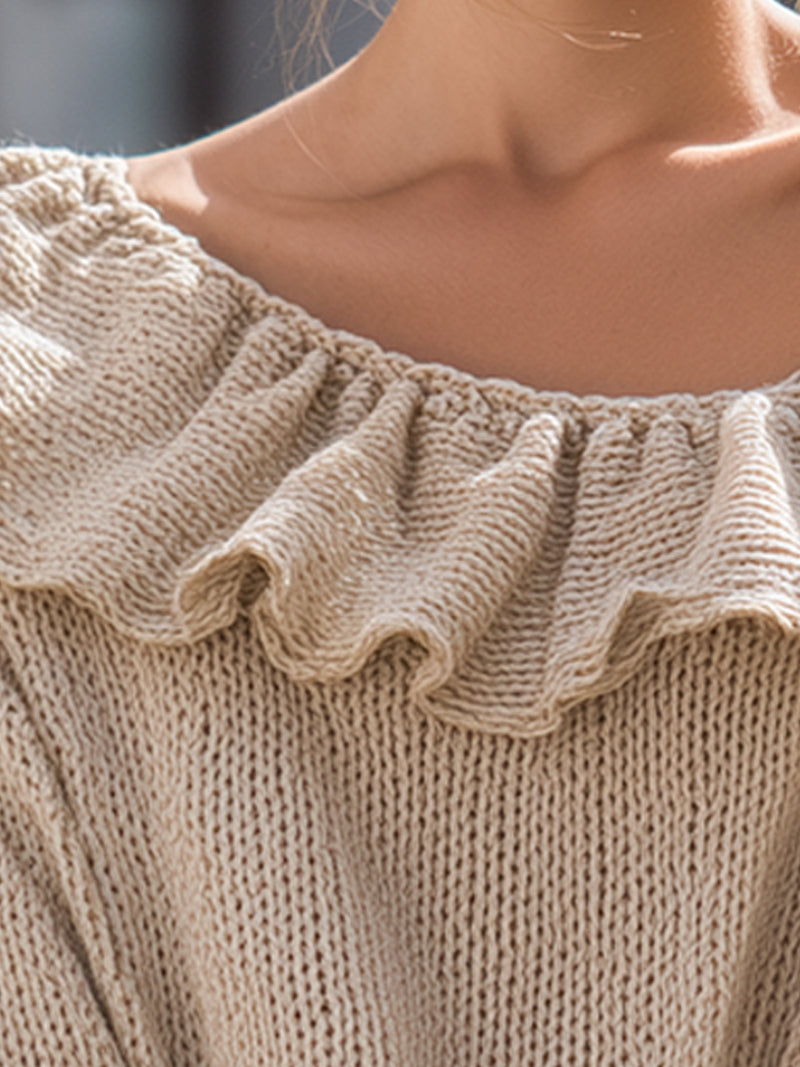 Casual Off-Shoulder Knit Sweater With Ruffle Detail