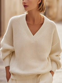 Cozy Ivory V-Neck Knit Sweater