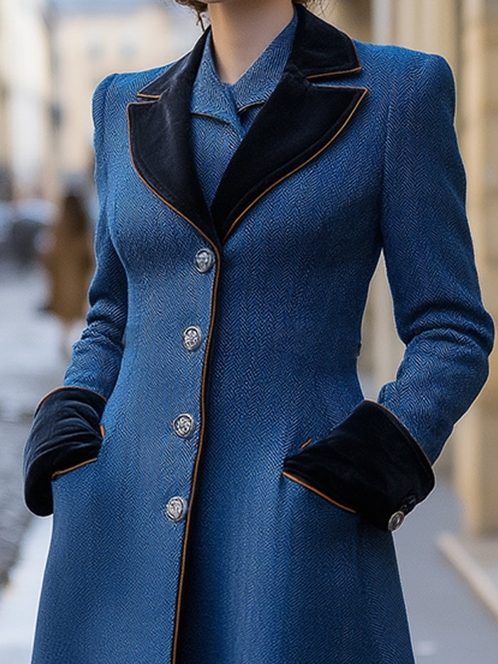 Longline Coat With Velvet Lapels And Cuffs