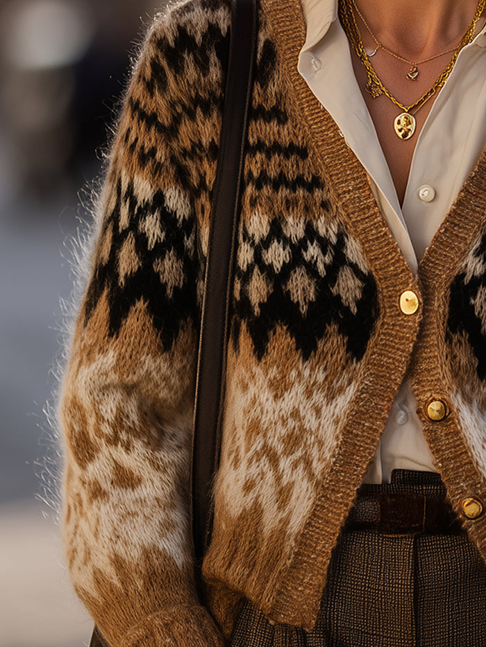 Nordic Knit Fair Isle Cardigan In Camel