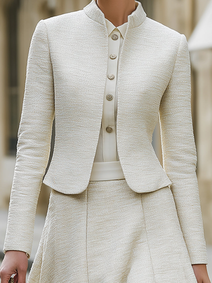 Textured A-Line Skirt Suit With Mandarin Collar Jacket