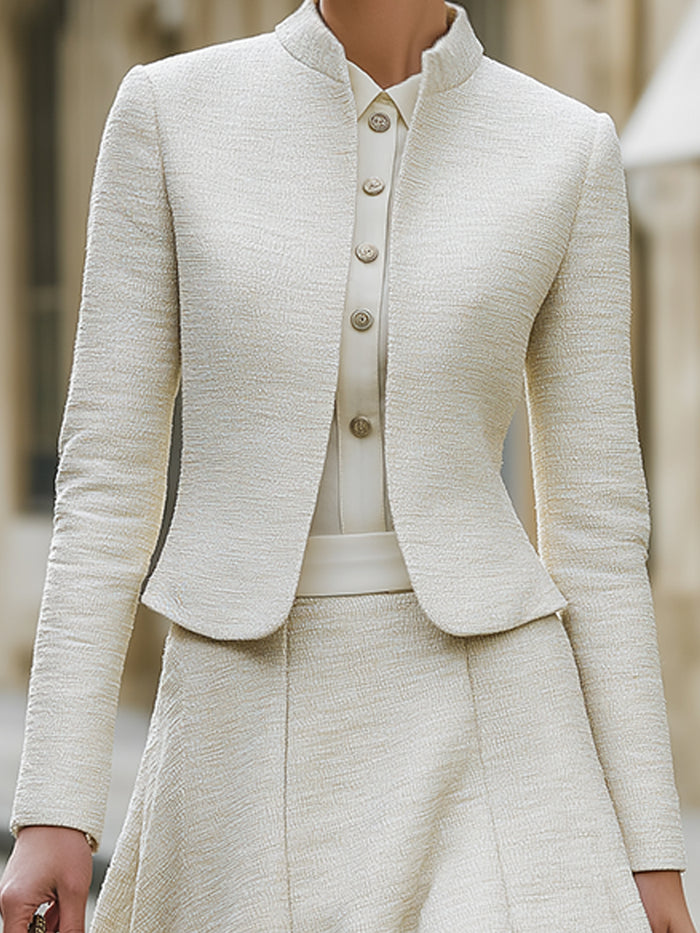 Textured A-Line Skirt Suit With Mandarin Collar Jacket