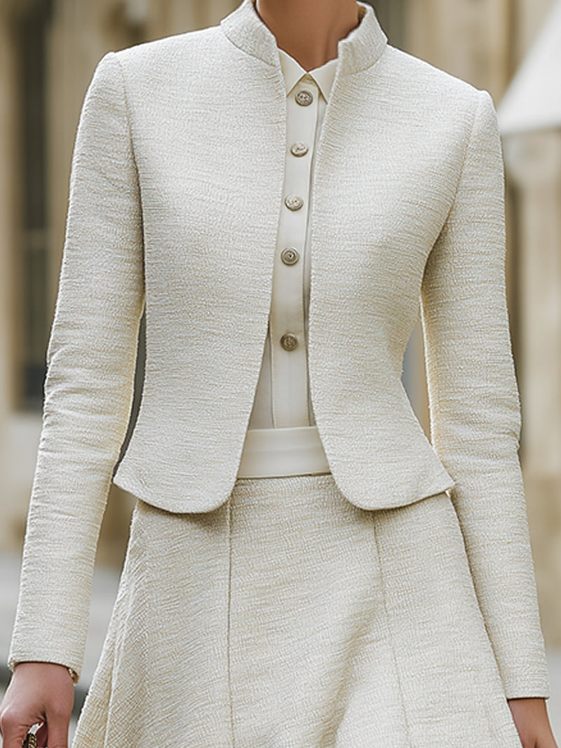 Textured A-Line Skirt Suit With Mandarin Collar Jacket