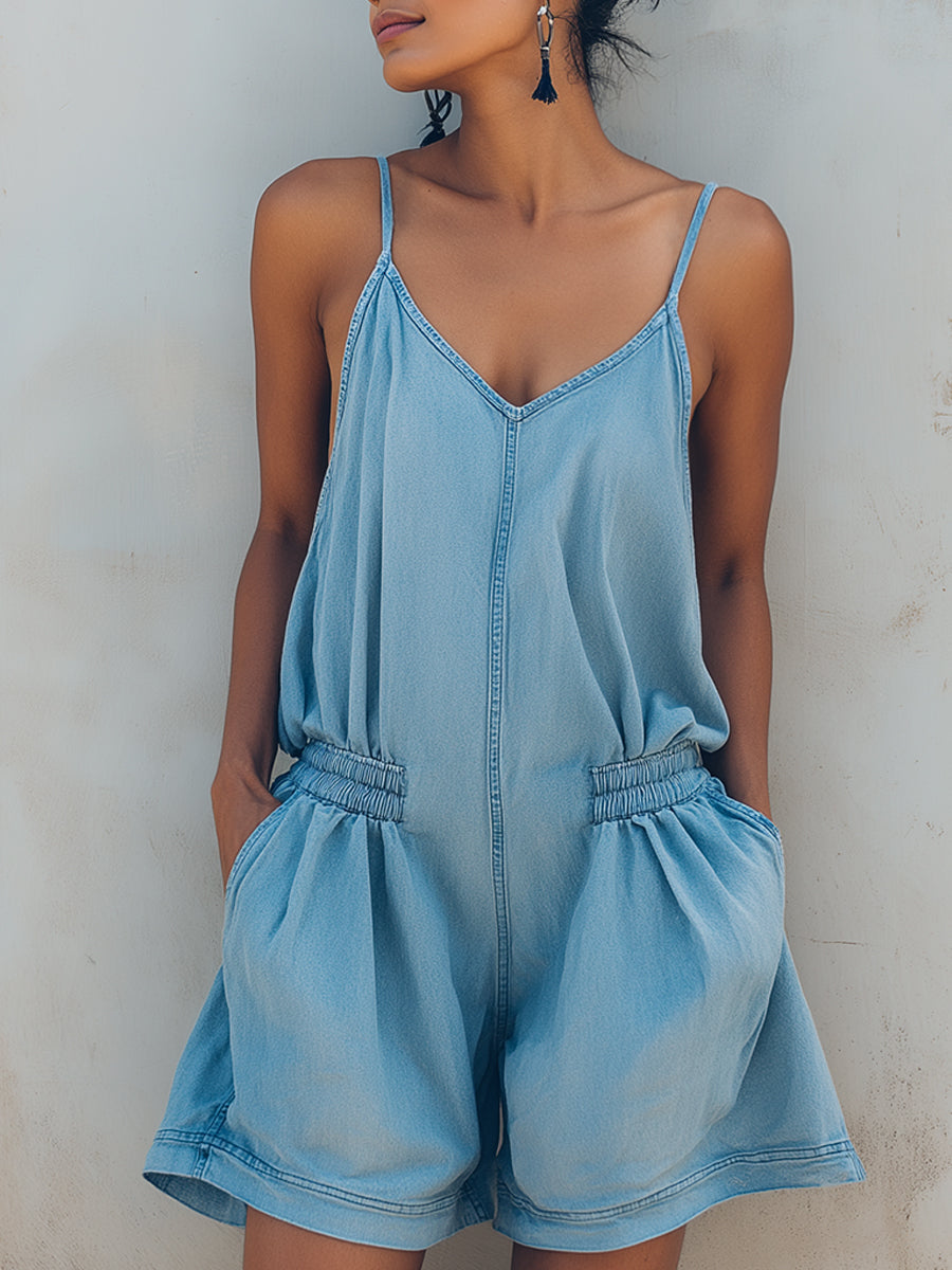 V-Neck Spaghetti Strap Relaxed Denim Summer Romper