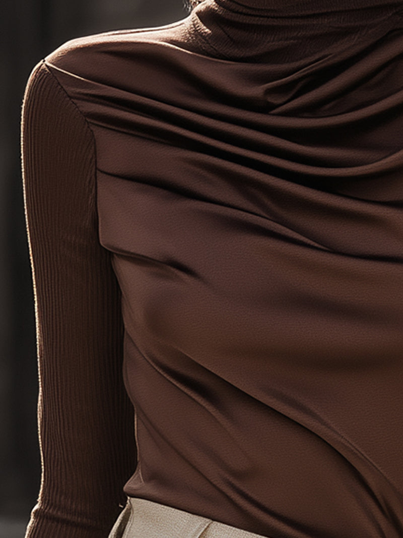 Chocolate Brown Draped High-Neck Top