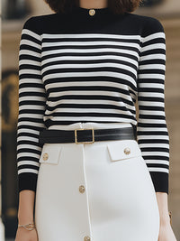 Striped Knit Top And White Buttoned Pencil Skirt Set