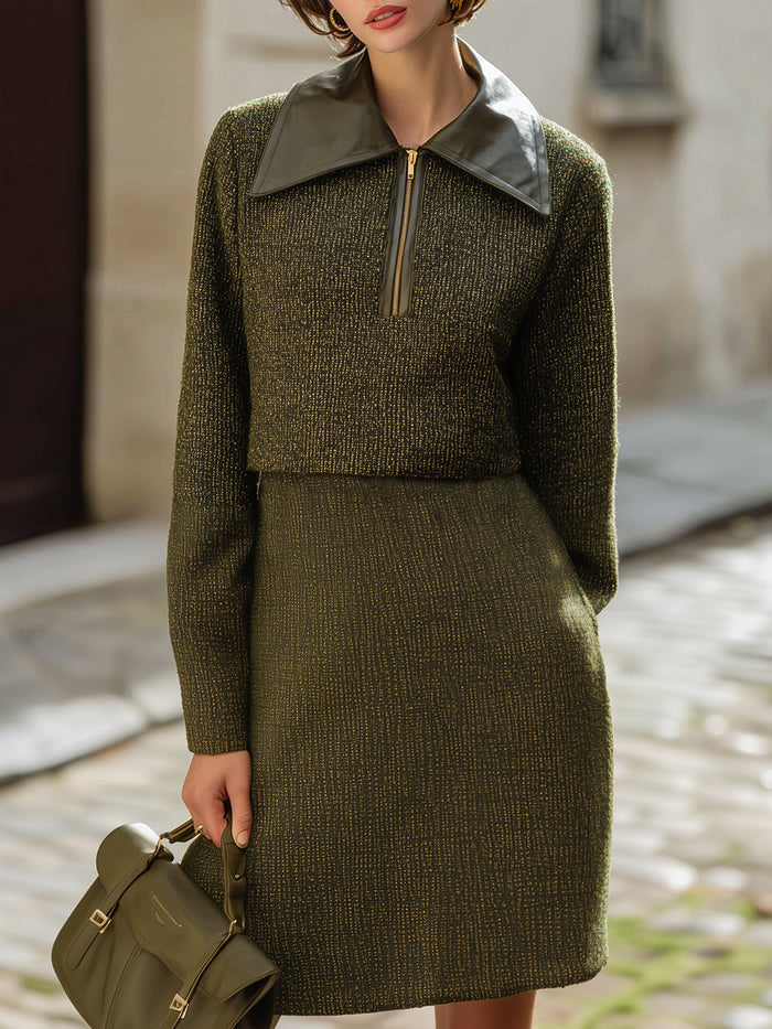 Olive Tweed Skirt Set With Leather Collar Detail
