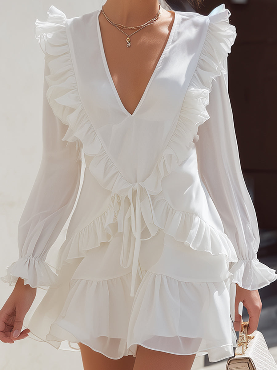 Ruffled V-Neck Smocked Waist Mini Dress