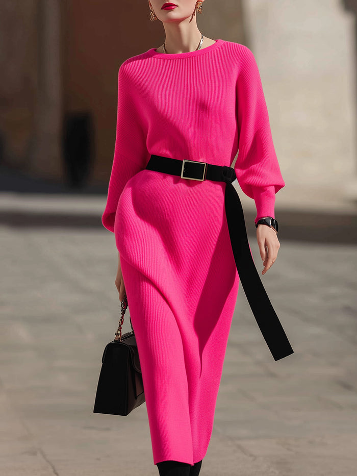 Belted Bright Knit Column Dress