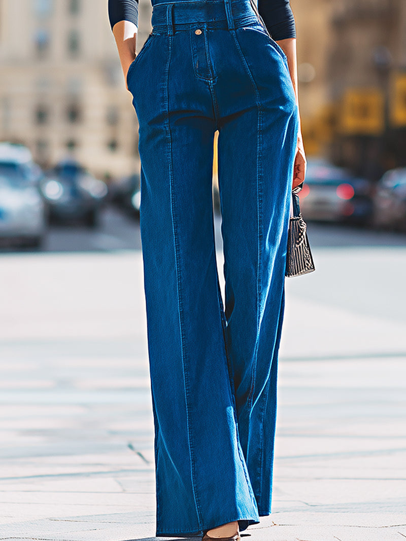 Structured Dark Denim Overall With Flared Leg