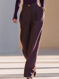 Eggplant Purple Ribbed Knit Turtleneck Top And Matching High-Waisted Wide-Leg Pants Set