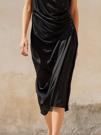 Elegant Asymmetrical Ruched Sleeveless Midi Dress With Button Detail