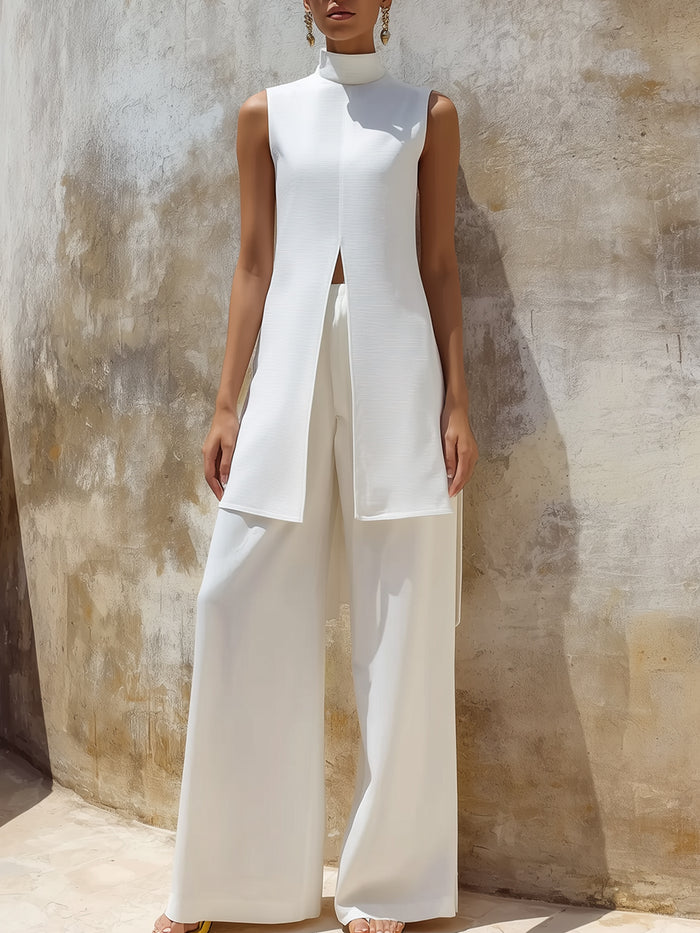 Sleeveless High-Neck Longline Top & Wide-Leg Pants Set