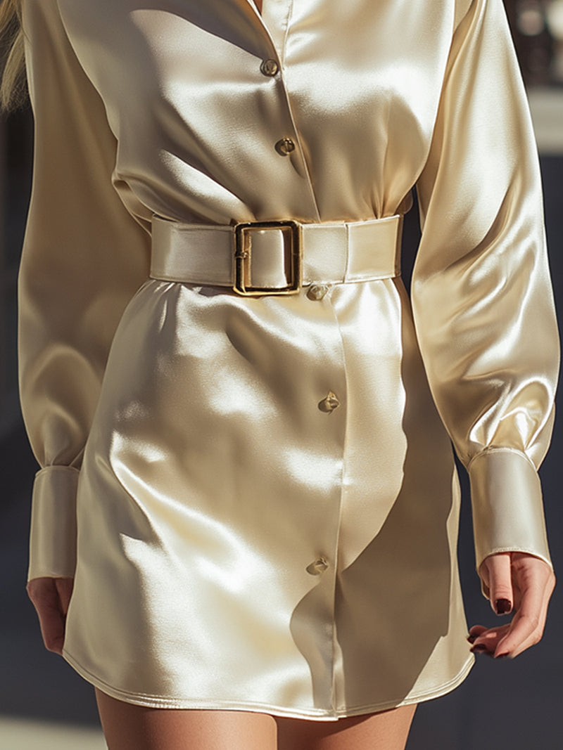Satin Belted Shirt Dress In Soft Ivory