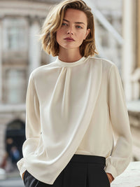 Ivory Pleated Long-Sleeve Blouse