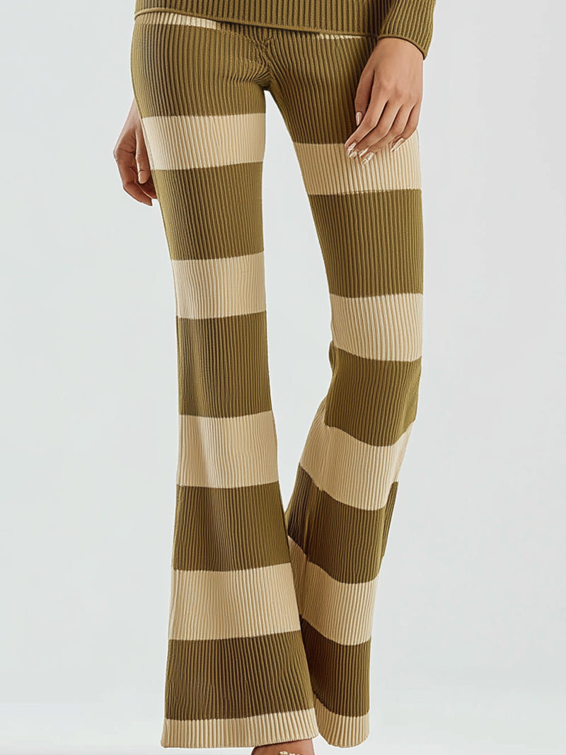 Striped Ribbed Knit Top And Flared Pants Set