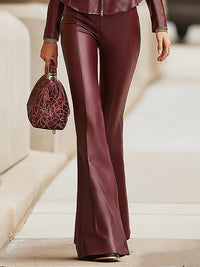 Burgundy Eco-Leather Tailored Jacket And Flared Pants Set
